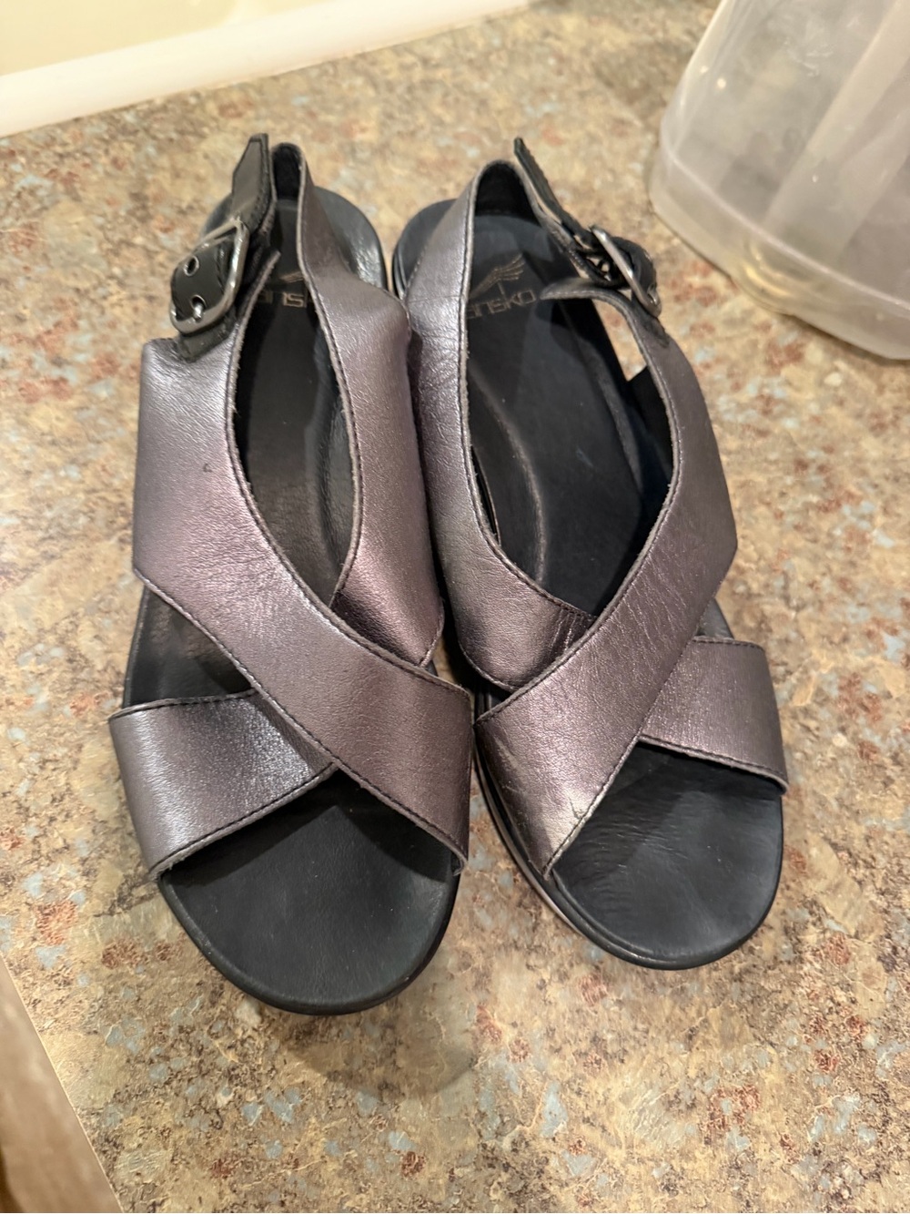 Dansko Metallic Pewter Crisscross Slingback Heels